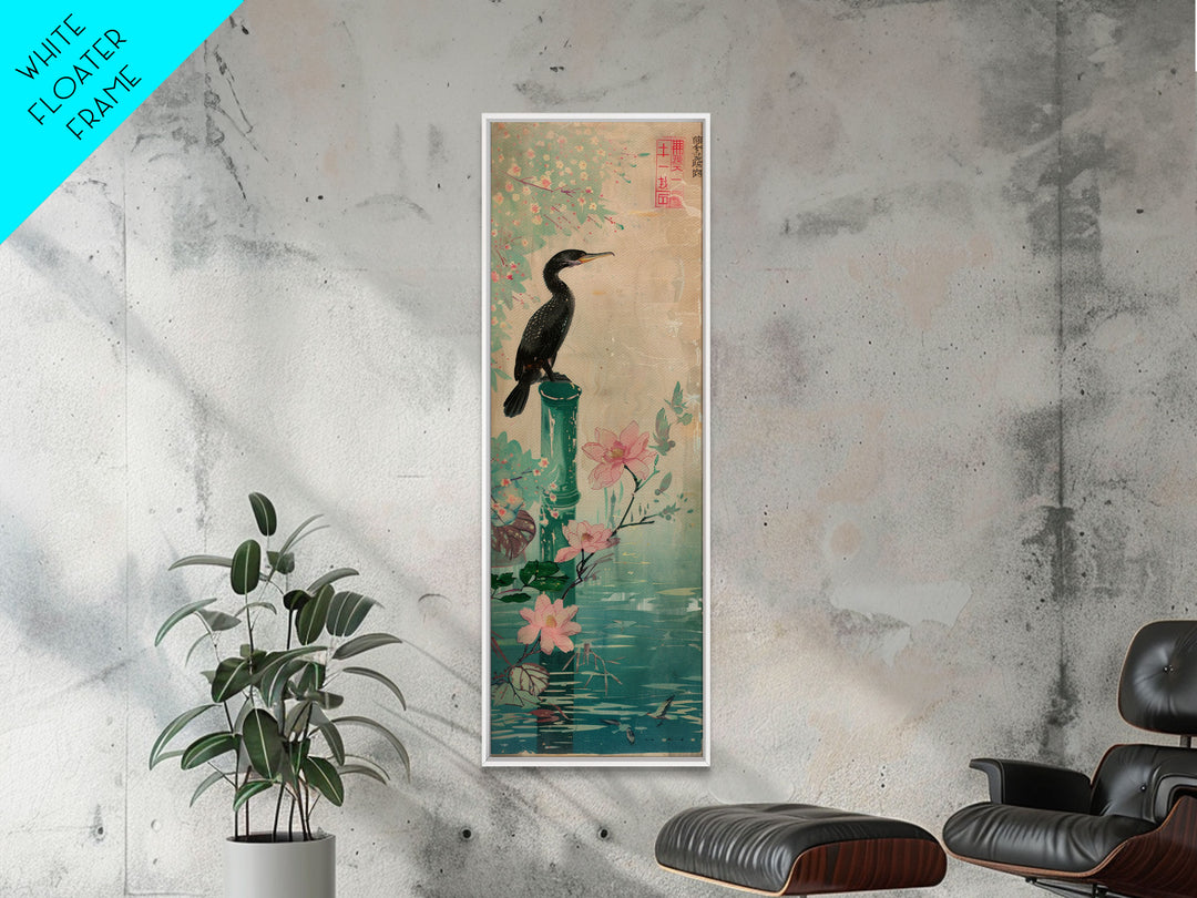 Tall Skinny Art Japanese Style Wood Block Print Bird Perched On Bamboo By A Pond With Flowers In Ukiyo-e Style For Framed Canvas Print