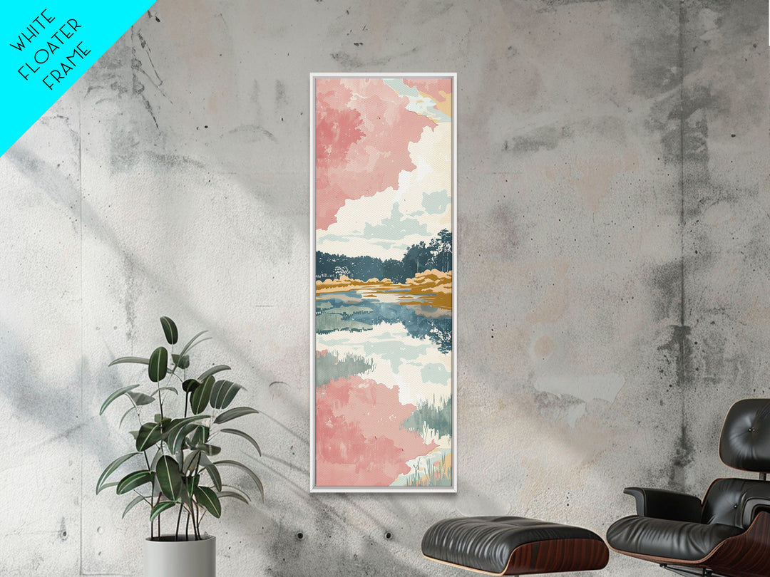 Tall Skinny Art Japanese Style Wood Block Print Serene Lake Scene With Pastel Reflections For Framed Canvas Print In Ukiyo-e Style