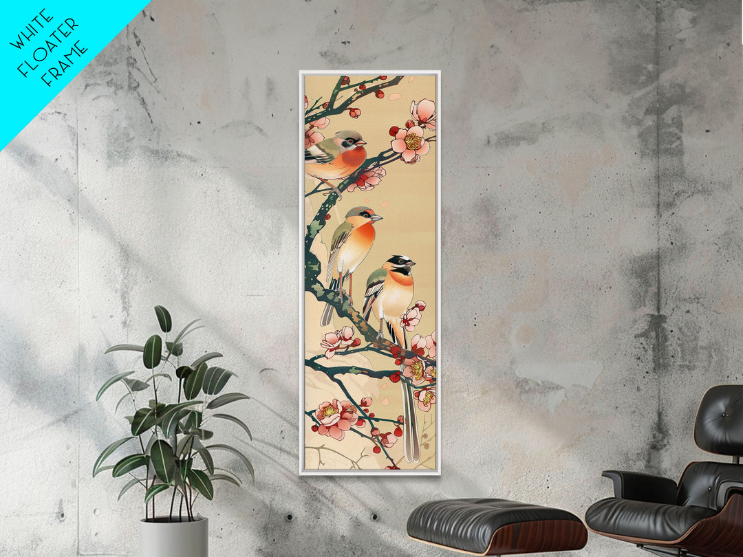 Tall Skinny Art Japanese Style Wood Block Print Vibrant Birds On Flowering Branches In Ukiyo-e Style For Framed Canvas Print