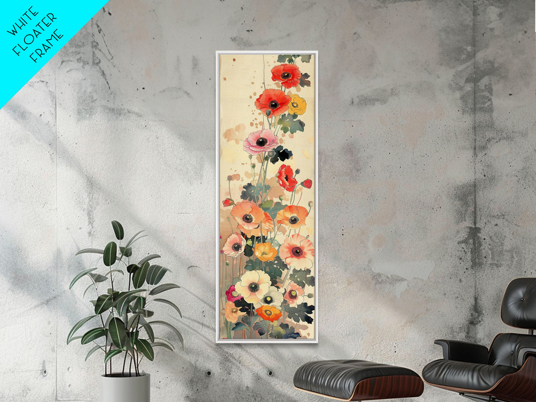 Tall Skinny Art Japanese Style Wood Block Print Colorful Poppy Flowers On A Neutral Background For Framed Canvas Print In Ukiyo-e Style