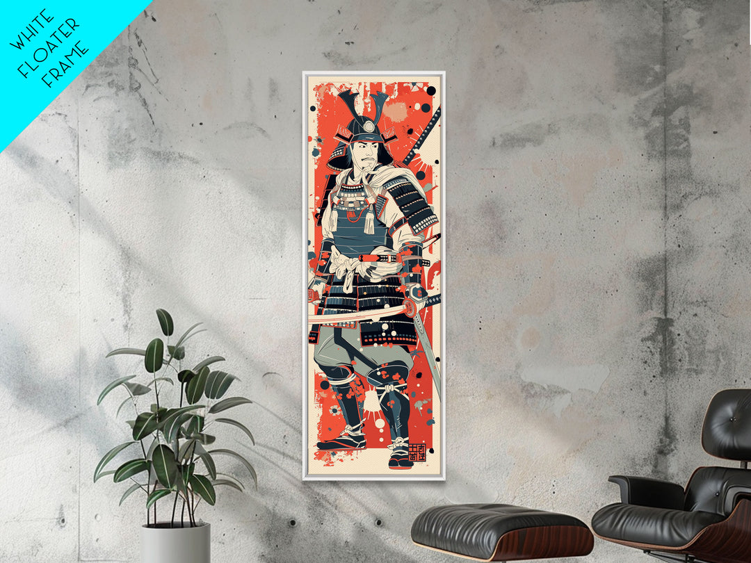 Tall Skinny Art Japanese Style Wood Block Print Samurai Warrior In Full Armor On A Red Background For Framed Canvas Print In Ukiyo-e Style