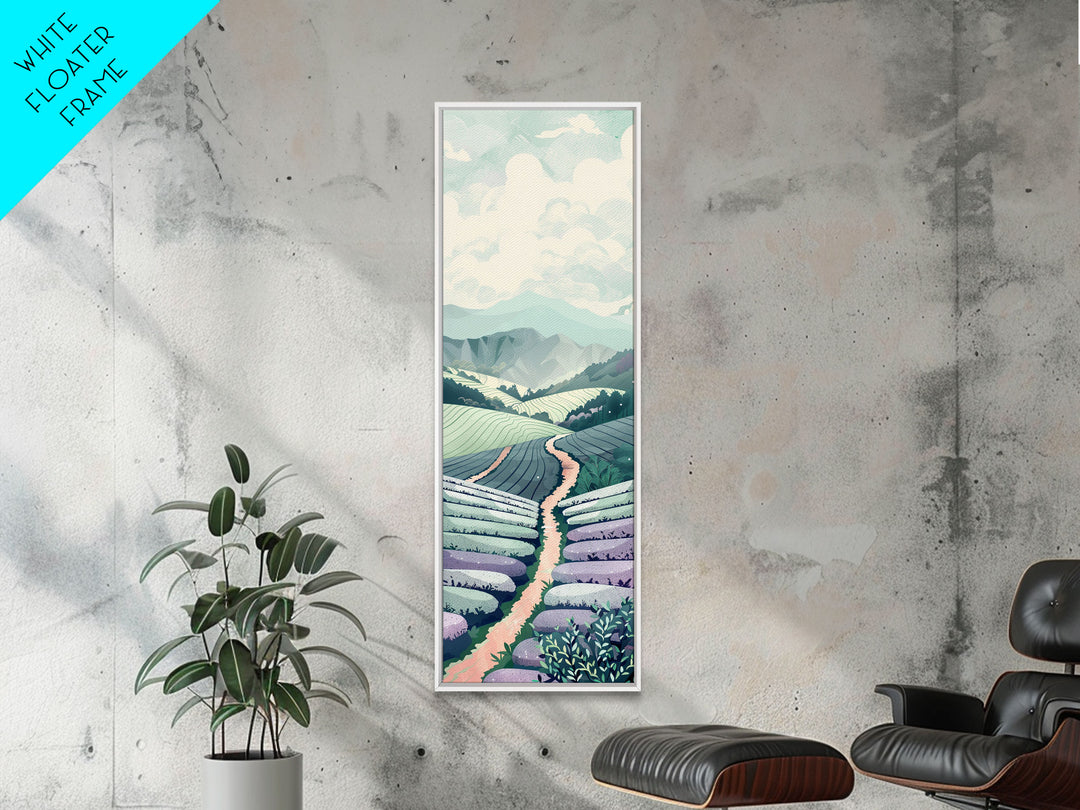 Tranquil Lavender Fields Skinny Art Tall Art Japanese Ukiyo-e Inspired Landscape Framed Canvas Print for Serene Living Spaces