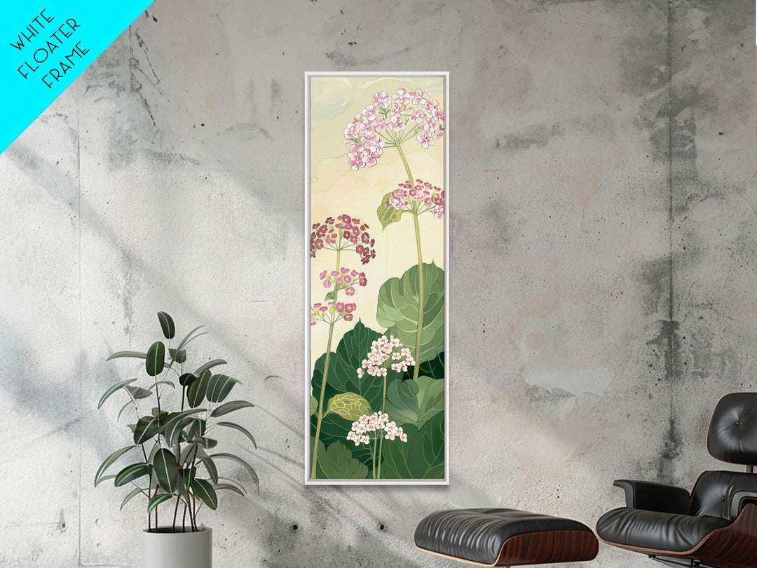 Towering Flower Stalks with Soft Green Leaves against a Pale Background - Skinny Art, Japanese Wall Decor, Framed Canvas Print, Ukiyo-e Style