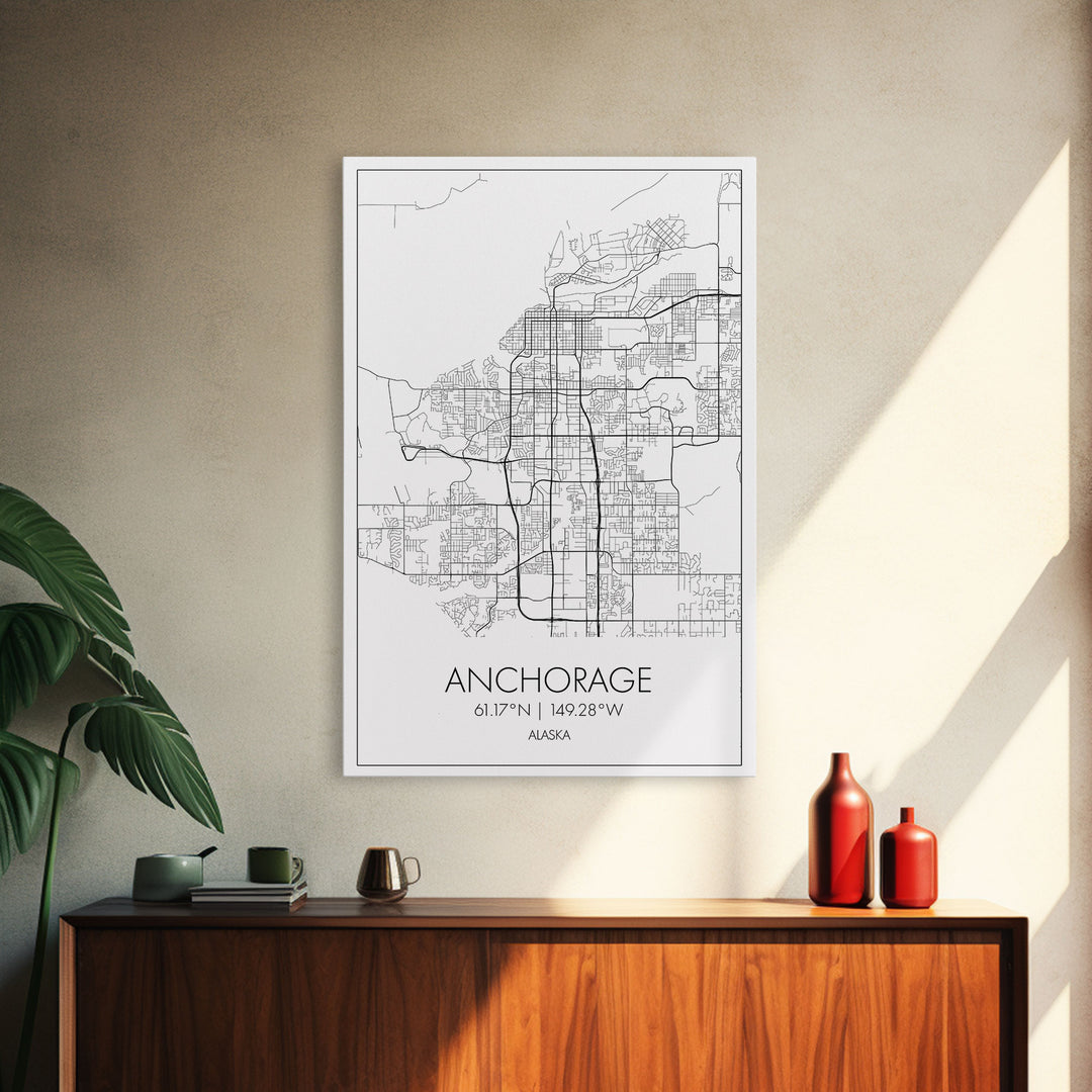 Anchorage Street Map, Alaska Map, City Map Wall Décor, Adventure Wall Art, Minimalist, Modern Art, Wall Art, Canvas Print, Canvas Wall Art