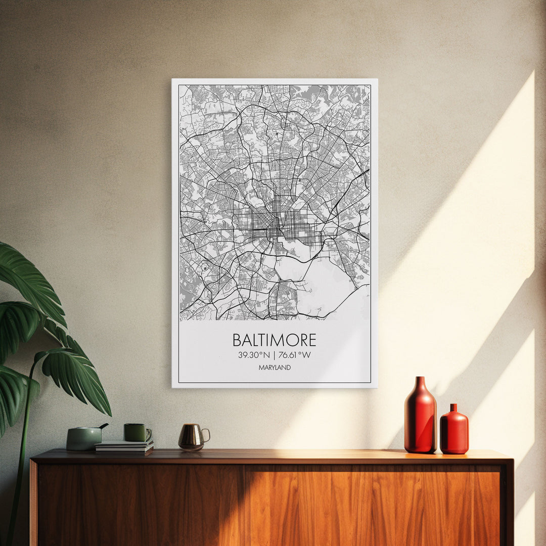 Baltimore Street Map, Maryland Map, City Wall Art, Travel Print, Bedroom Print, Modern Art, Wall Art, Canvas Print, Canvas Wall Art