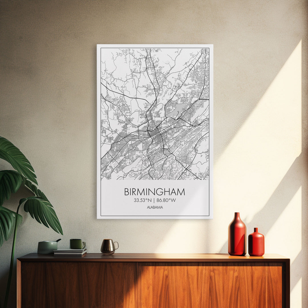 Birmingham Street Map, Alabama Map, City Map Art, Modern Art, Wall Art, Canvas Print, Canvas Wall Art, Minimalist Art, Housewarming Gift