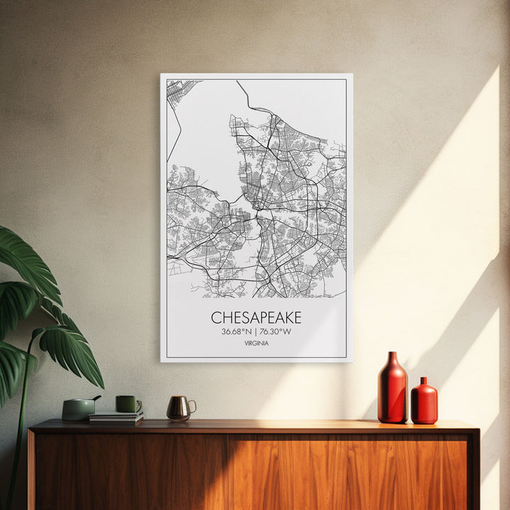 Chesapeake Street Map, Virginia Map, City Map Art, Modern Art, Wall Art, Canvas Print, Canvas Wall Art, Travel Art, Above Bed Décor