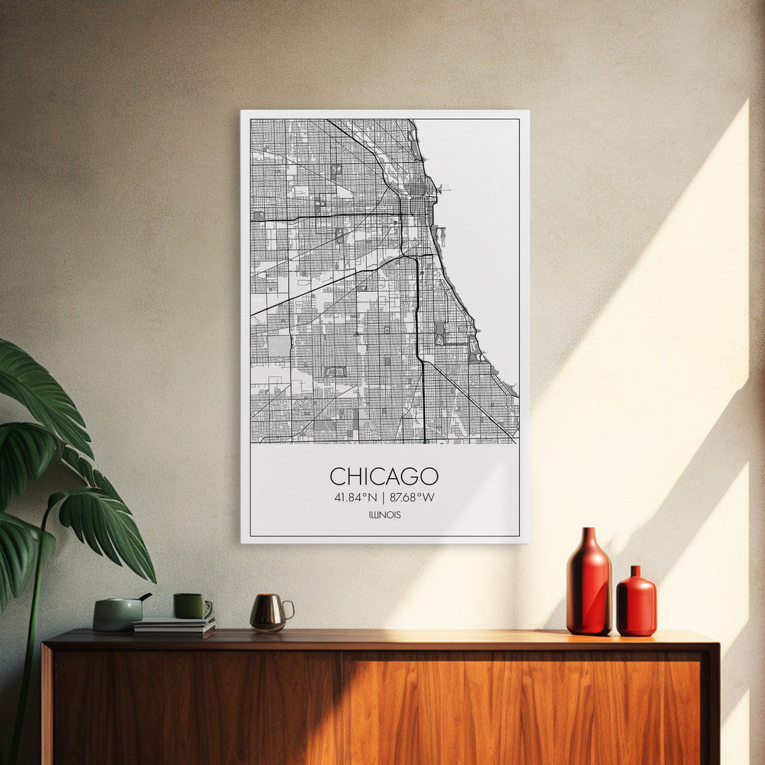 Chicago Street Map, Illinois Map, City Map Art, Modern Art, Wall Art, Canvas Print, Canvas Wall Art, Travel Wall Décor, Unique Wall Art