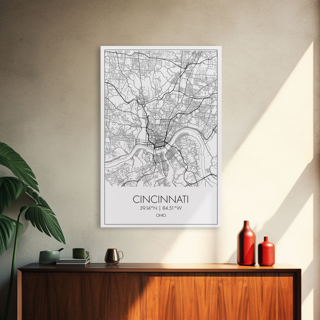 Cincinnati Street Map, Ohio Map, City Map Art, Minimalist Art, Wall Art, Canvas Print, Canvas Wall Art, Travel Wall Décor, Gift For Her