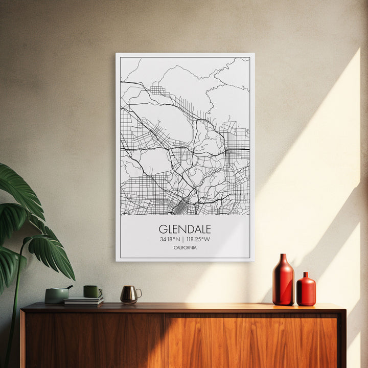 Glendale Street Map, California Map, City Map Art, Minimalist Art, Wall Art, Canvas Print, Black And White Map, Gifts For Him, Travel Art