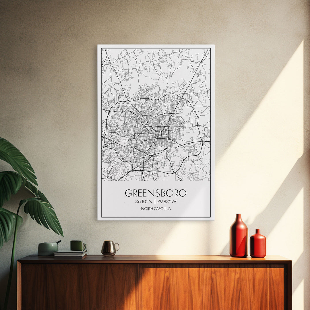 Greensboro Street Map, North Carolina Map, City Map Art, Minimalist Art, Wall Art, Canvas Print, Black And White, Unique Art, Traveler Gift