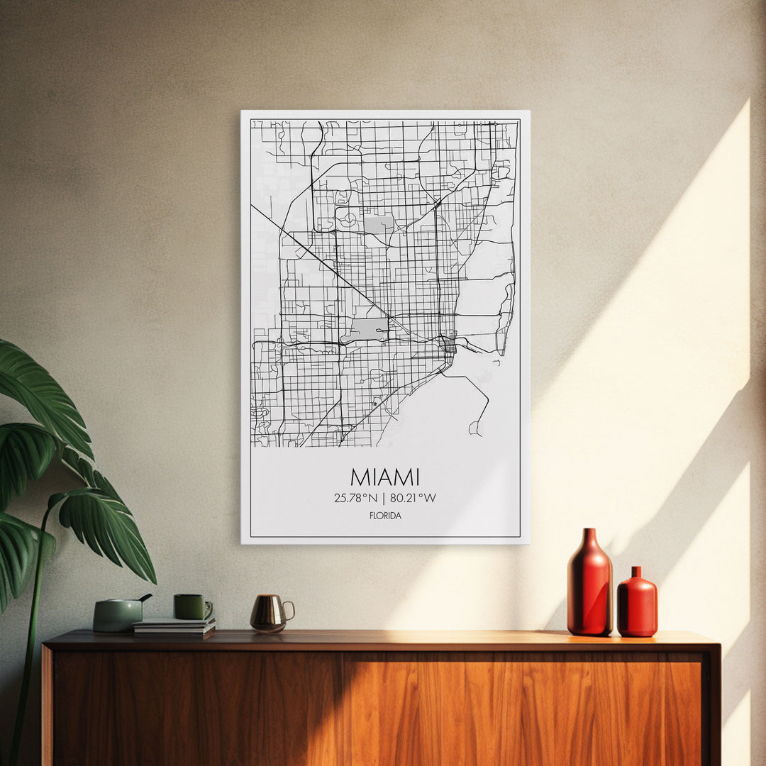 Miami Street Map, Florida Map, City Map Art, Modern Art, Wall Art, Canvas Print, Gift For Mom, Bedroom Wall Décor, Travel Wall Art