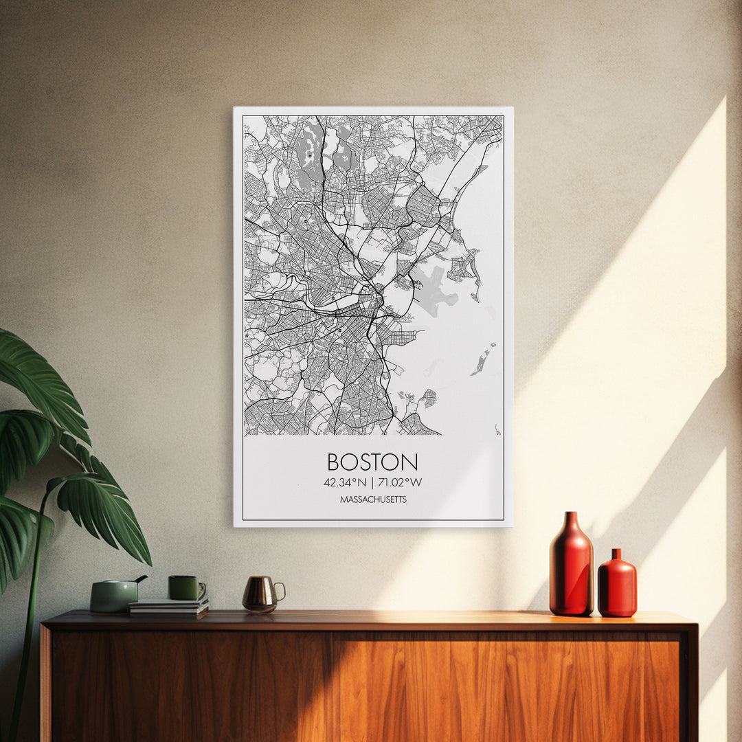 Boston Street Map, Massachusetts Map, City Map Art, Modern Art, Wall Art, Canvas Print, Wall Art For Bedroom, Gifts For Him, Travel Décor