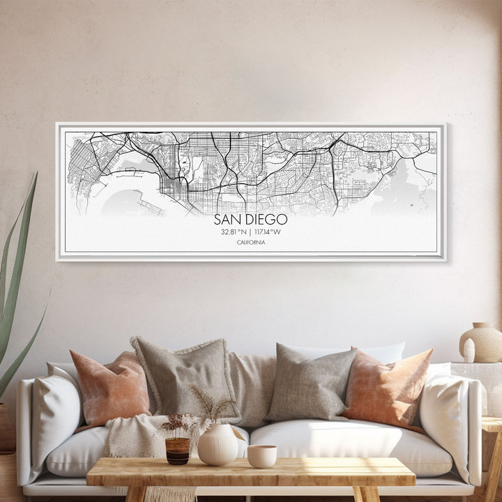 Panoramic San Diego City Map, California Art, Map Print, Minimalist Wall Art, Canvas Art, Housewarming Gift, Street Map Art, Closing Gift