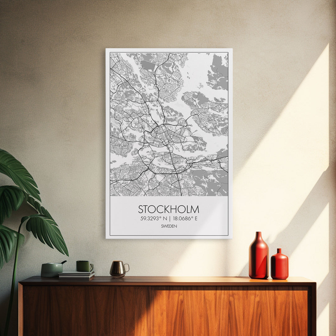 Stockholm Street Map, Sweden Map, Europe City Map Print, Modern Wall Art, Wall Art, Canvas Print, Dorm Room Décor, Wedding Gifts, Travel Art