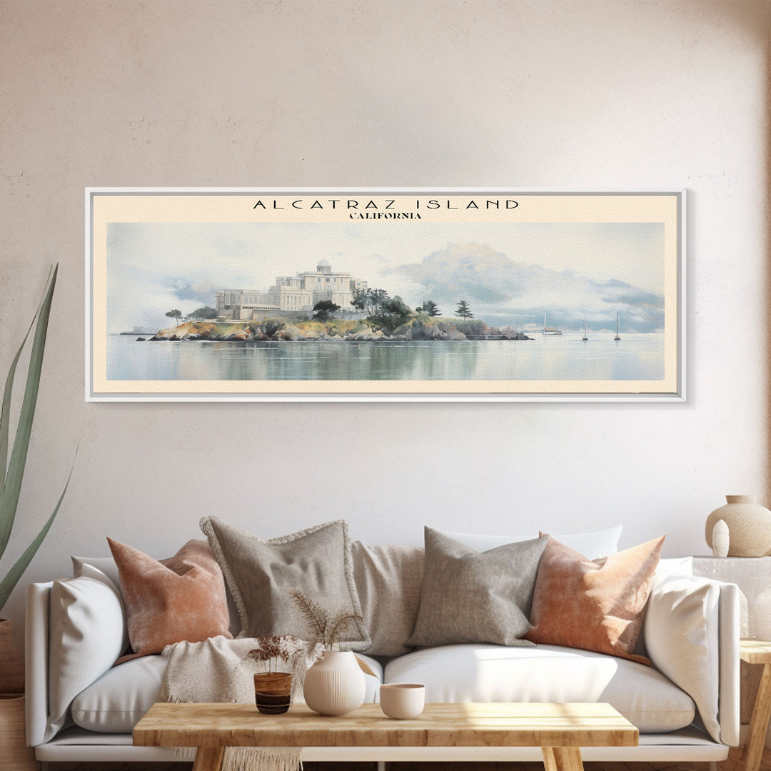 Alcatraz Island Retro Style Travel Poster - Framed Canvas Print - California Travel Decor | Vintage Style Home Decor - Travel Print - Wall Art