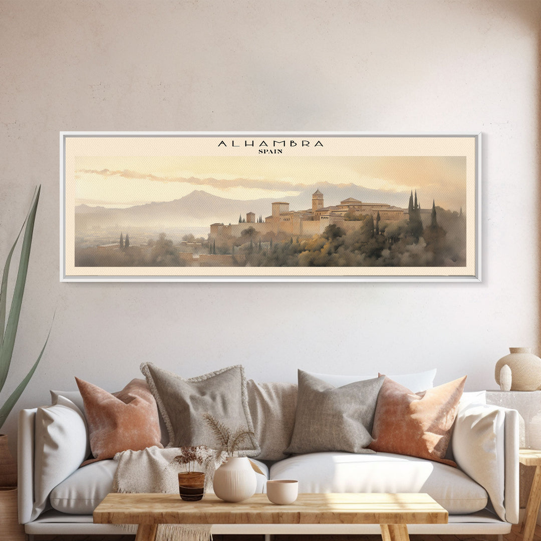 Alhambra Travel Art Framed Canvas Print, Spain Wall Decor, Home Decor, Travel Poster, Vintage Wall Art, Watercolor Painting