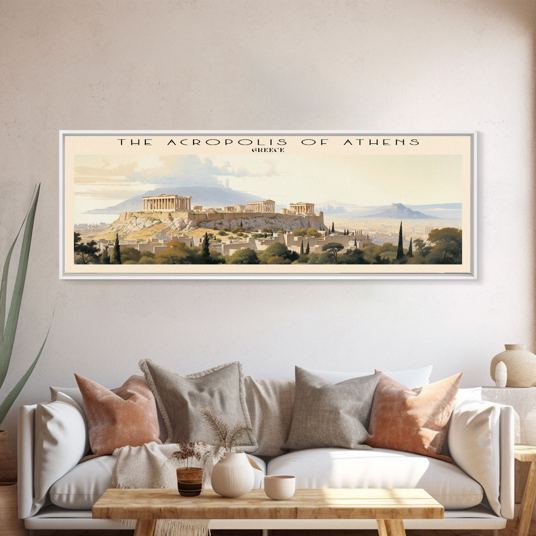 The Acropolis of Athens Retro Style Travel Poster - Framed Canvas Print - COUNTRY Travel Decor | Vintage Style Home Decor - Travel Print - Wall Art