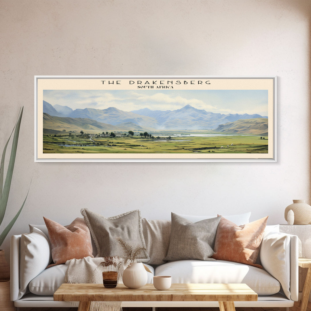 The Drakensberg Retro Style Travel Poster - Framed Canvas Print - COUNTRY Travel Decor | Vintage Style Home Decor - Travel Print - Wall Art