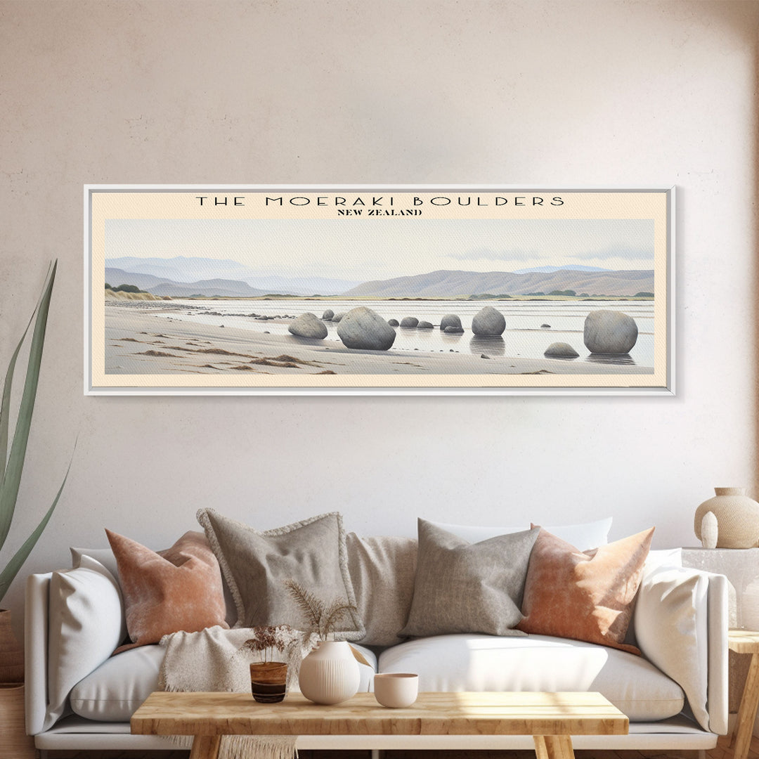 The Moeraki Boulders COUNTRY Travel Poster Print, Framed Canvas Print, COUNTRY Travel Art, Wood Framed Art, Wall Hanging, Home Decor