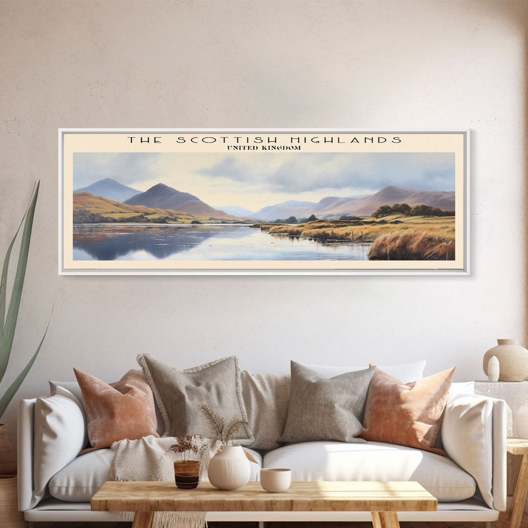 The Scottish Highlands Retro Style Travel Poster - Framed Canvas Print - COUNTRY Travel Decor | Vintage Style Home Decor - Travel Print - Wall Art