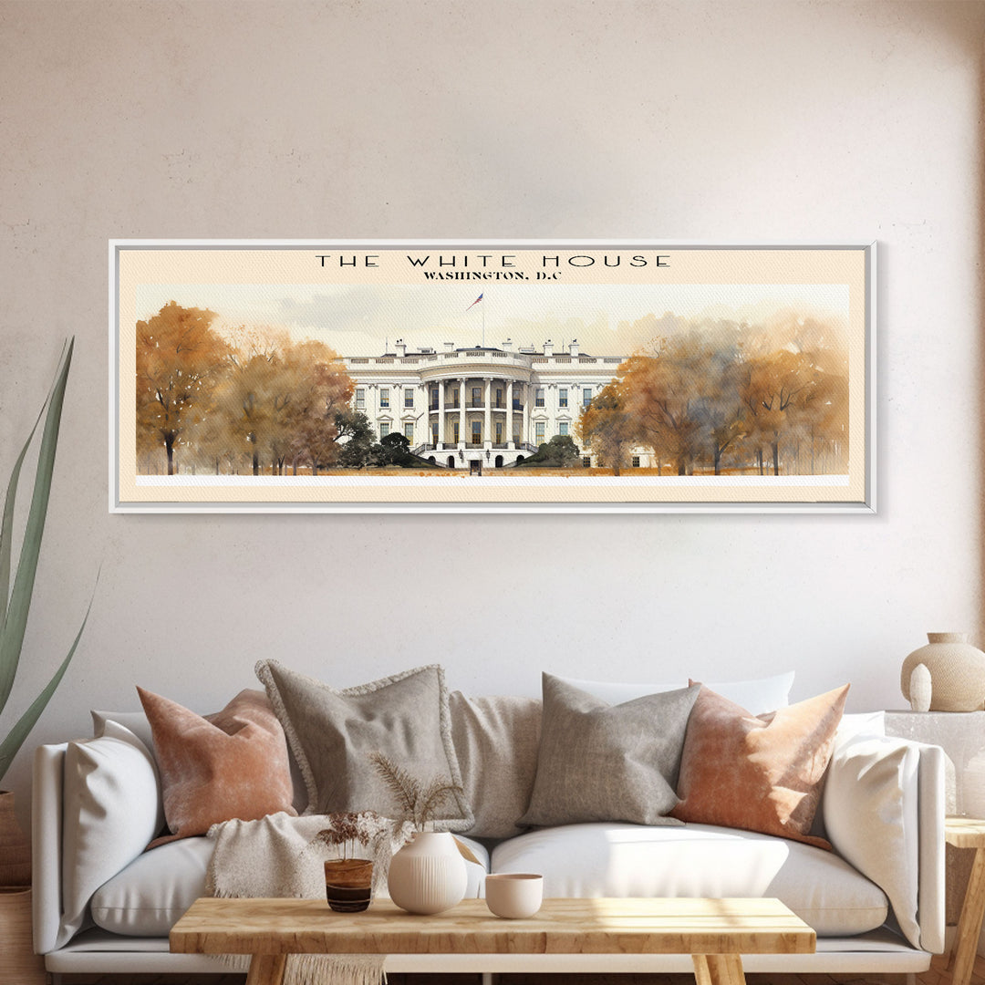 The White House Travel Art Framed Canvas Print, COUNTRY Wall Decor, Home Decor, Travel Poster, Vintage Wall Art, Watercolor Painting