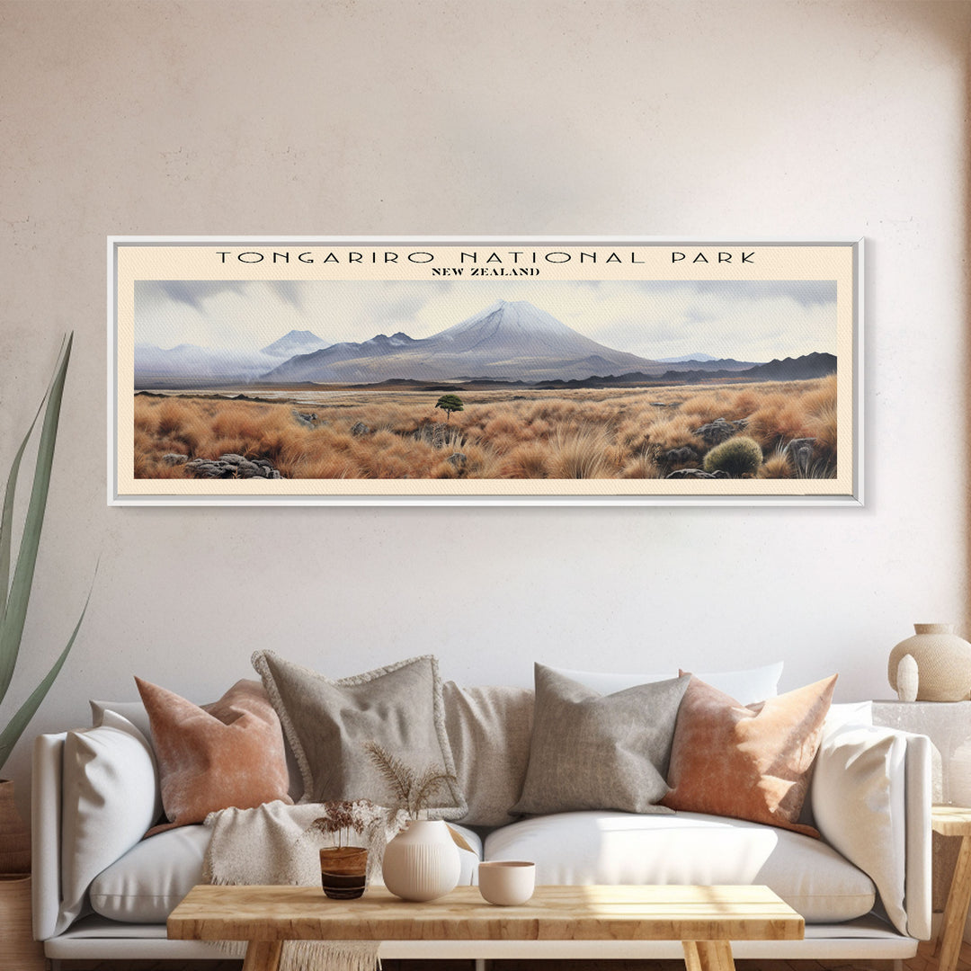 Tongariro National Park Travel Art Framed Canvas Print, COUNTRY Wall Decor, Home Decor, Travel Poster, Vintage Wall Art, Watercolor Painting