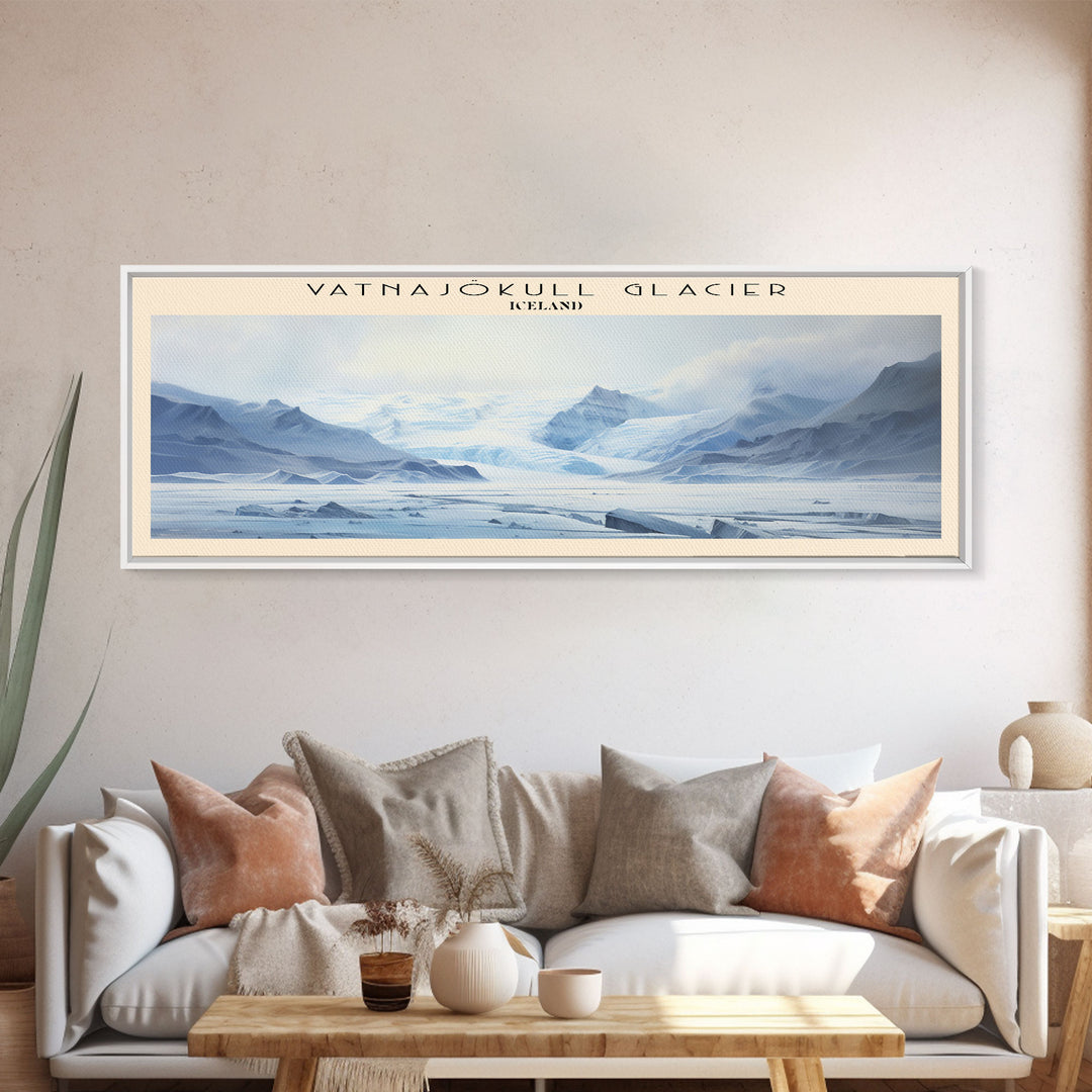 Vatnajökull Glacier Retro Style Travel Poster - Framed Canvas Print - COUNTRY Travel Decor | Vintage Style Home Decor - Travel Print - Wall Art