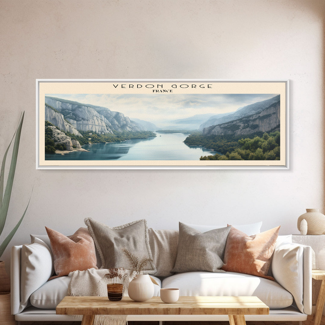 Verdon Gorge Travel Art Framed Canvas Print, COUNTRY Wall Decor, Home Decor, Travel Poster, Vintage Wall Art, Watercolor Painting