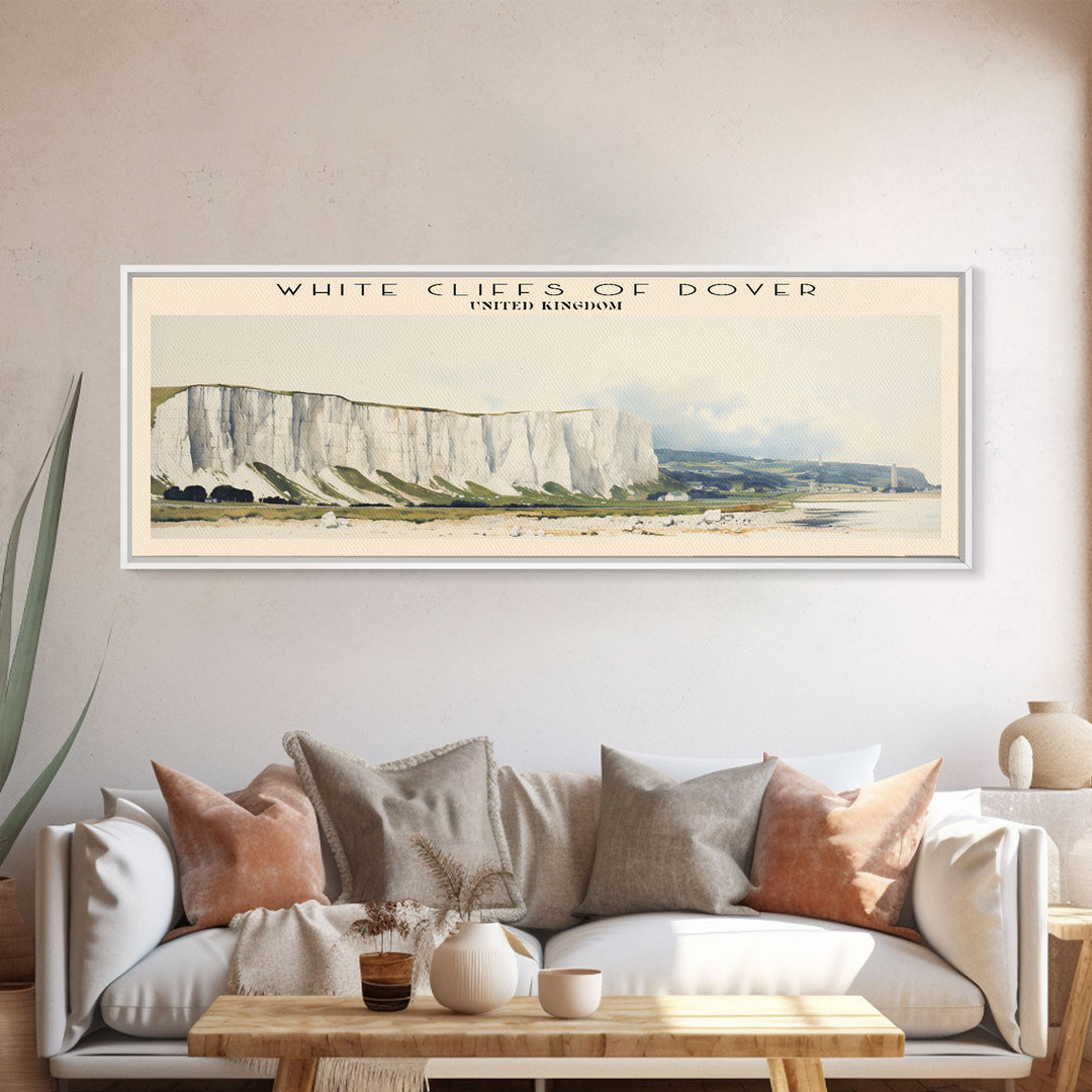 White Cliffs of Dover Travel Art Framed Canvas Print, COUNTRY Wall Decor, Home Decor, Travel Poster, Vintage Wall Art, Watercolor Painting