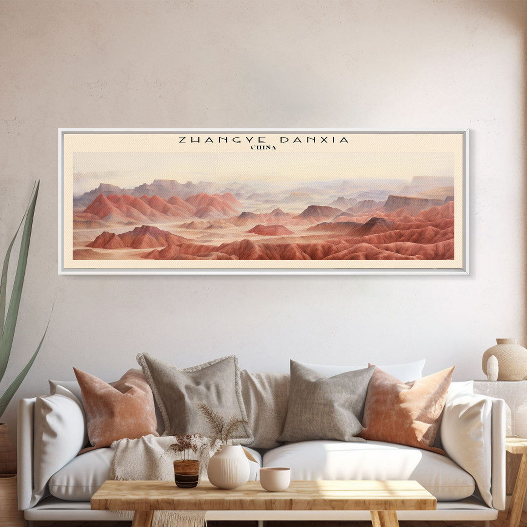 Zhangye Danxia Retro Style Travel Poster - Framed Canvas Print - COUNTRY Travel Decor | Vintage Style Home Decor - Travel Print - Wall Art