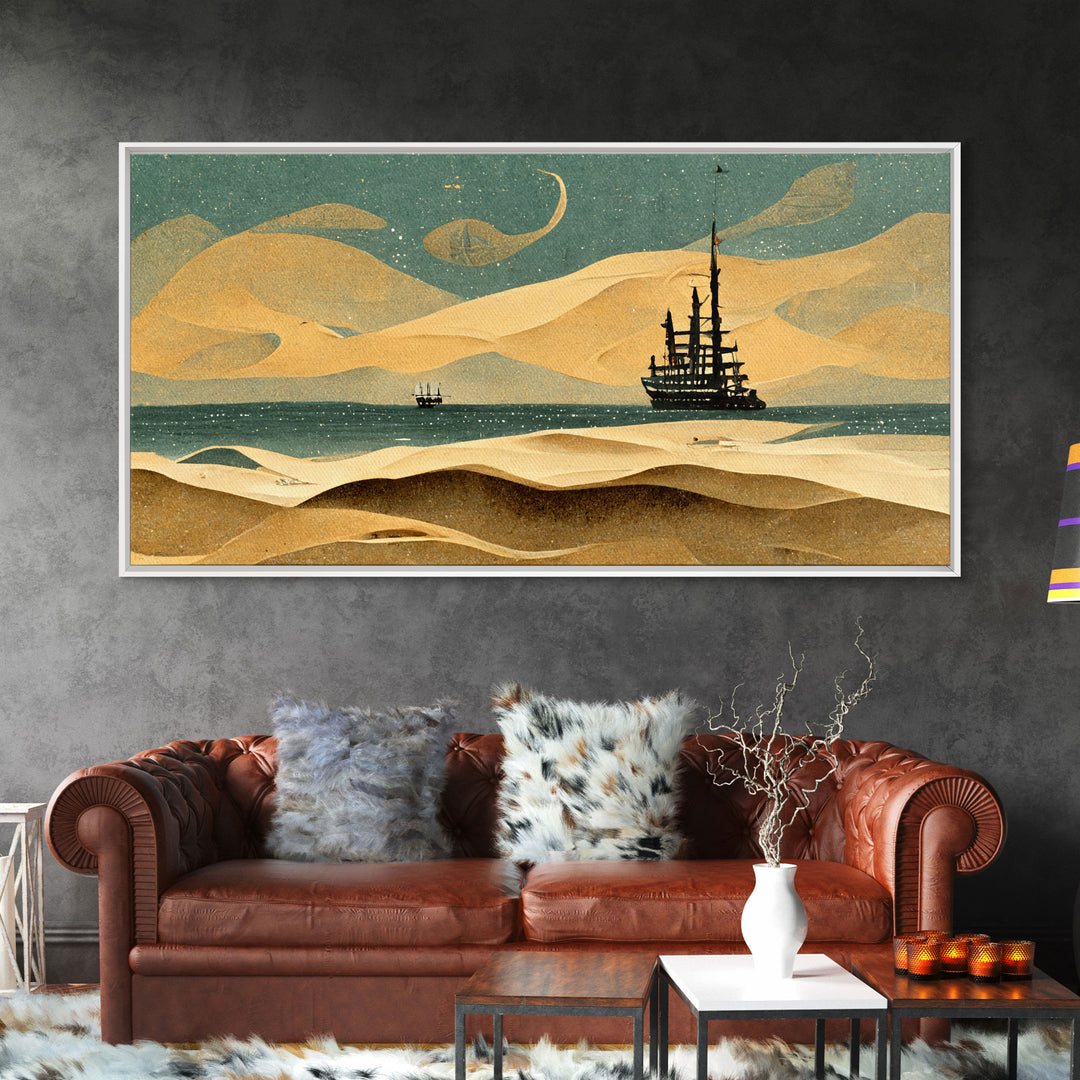 Art deco canvas print, pirate ship at sea beyond the sand dunes, living room wall art