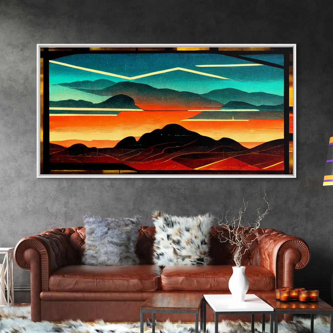 Pueblo style art deco sunset canvas print, outrun, colorful art, desert art, living room wall art, man cave art, stained glass look