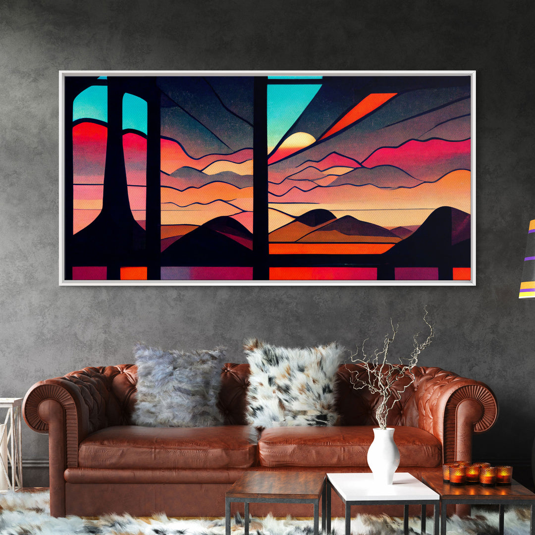 Pueblo style art deco sunset canvas print, outrun, colorful art, desert art, living room wall art, stained glass look, Arizona style art