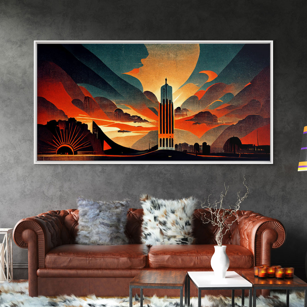 Dystopian metropolis canvas print, ready to hang wall art, art deco sunset, 1930s architecture, living room art, art nouveau