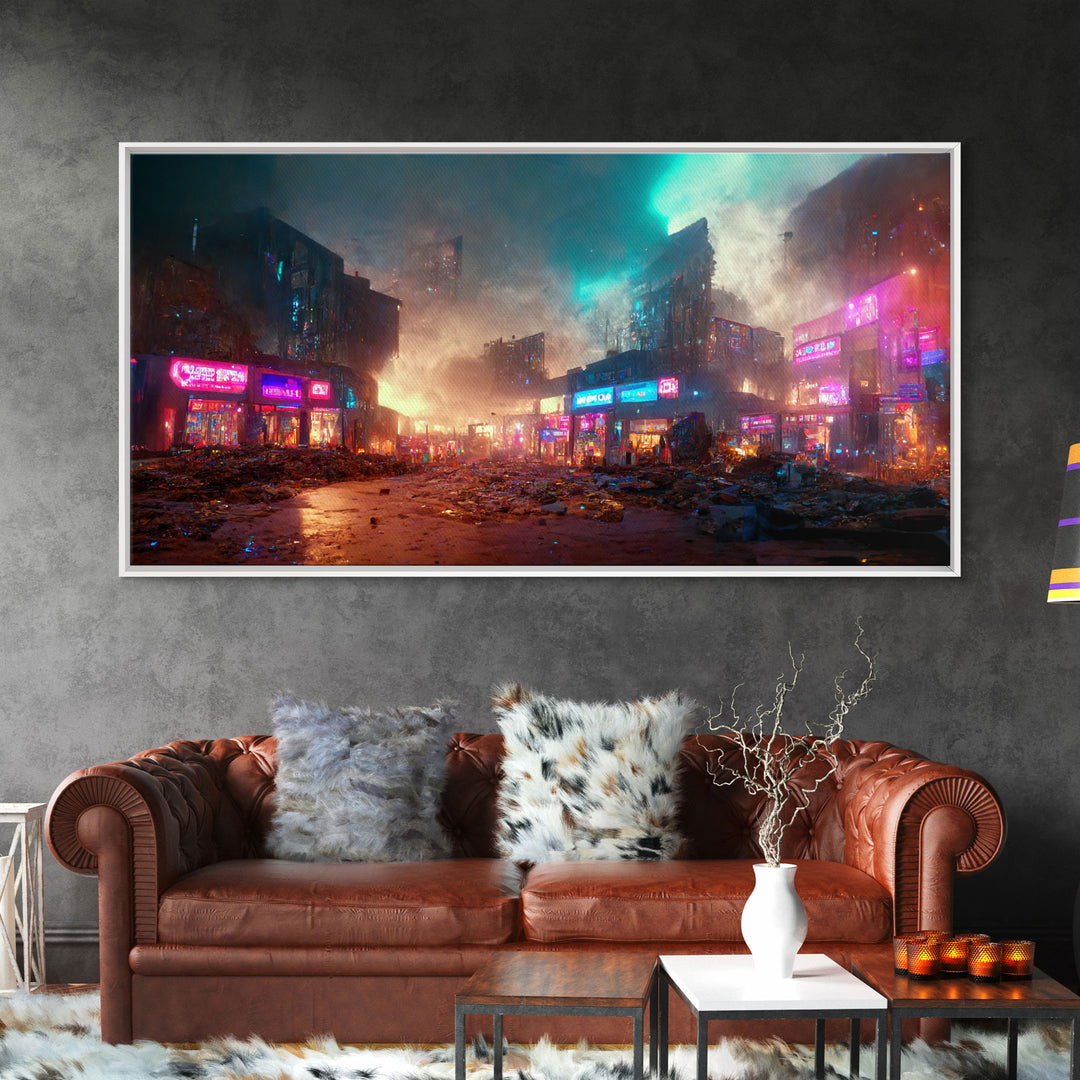 Destitute cyberpunk city with neon signs wall art, Bladerunner vibes art, synthwave style art, cool wall art