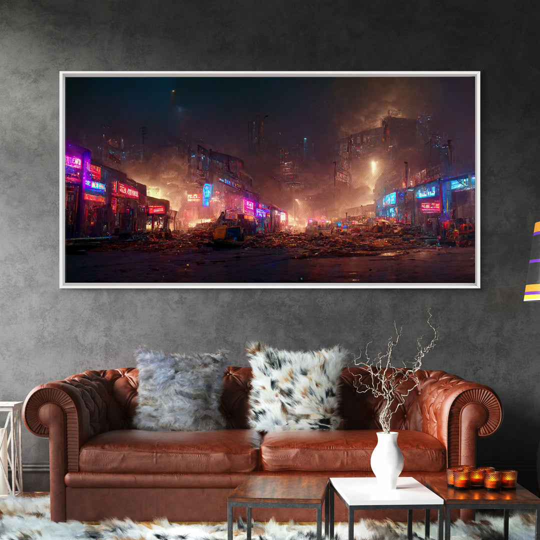 Destitute cyberpunk city with neon signs wall art, Bladerunner vibes art, synthwave style art, cool wall art