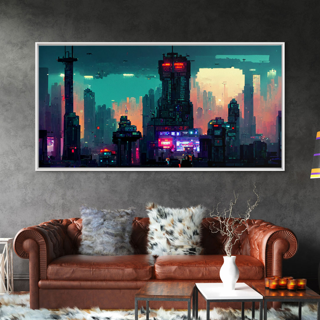 cyberpunk city pixel art canvas print, wall art, Bladerunner vibes art, synthwave style art, cool wall art