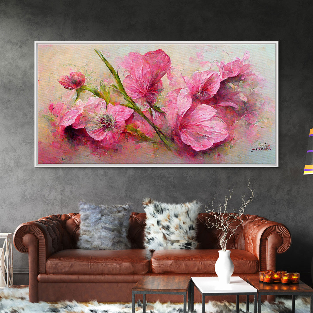 Pink flowers canvas print, oil painting style, living room wall art, guest room art, boho wall decor, floral pattern wall art