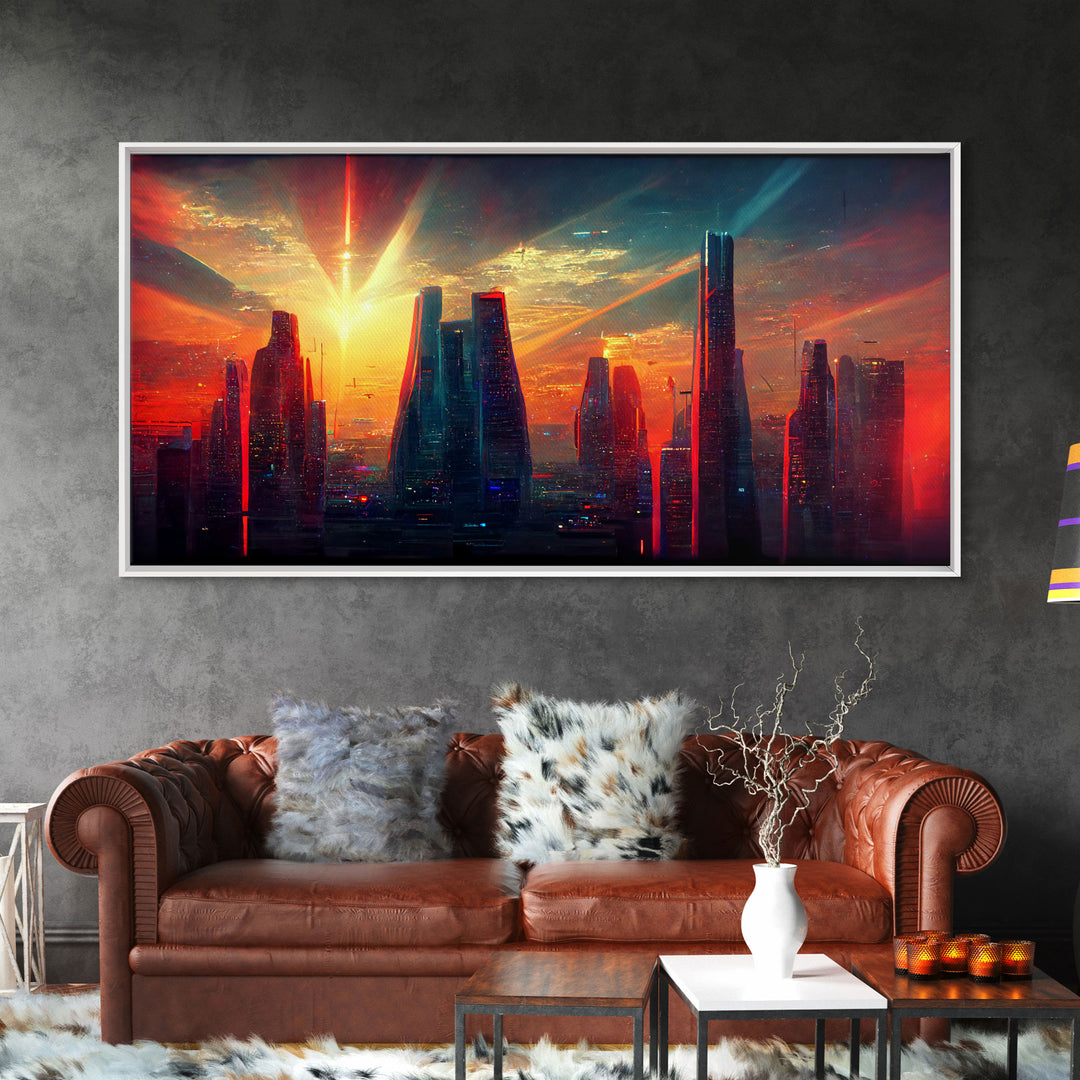 Cyberpunk canvas print, cyber punk city at sunset, Bladerunner vibes art, synthwave style art, cool wall art, night city