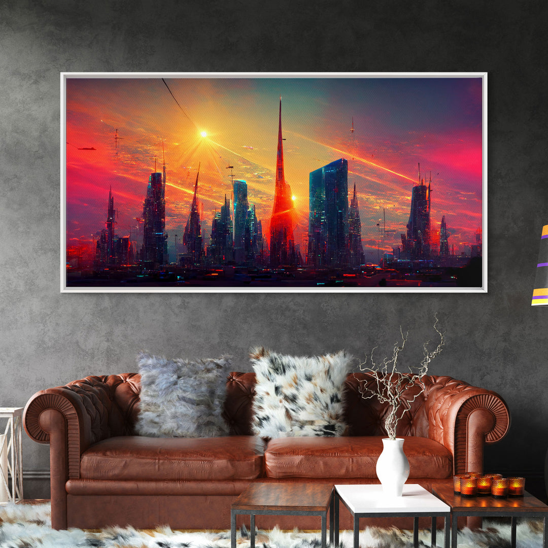 Dystopian Cyberpunk canvas print, cyber punk city at sunset, Bladerunner vibes art, synthwave style art, cool wall art, night city