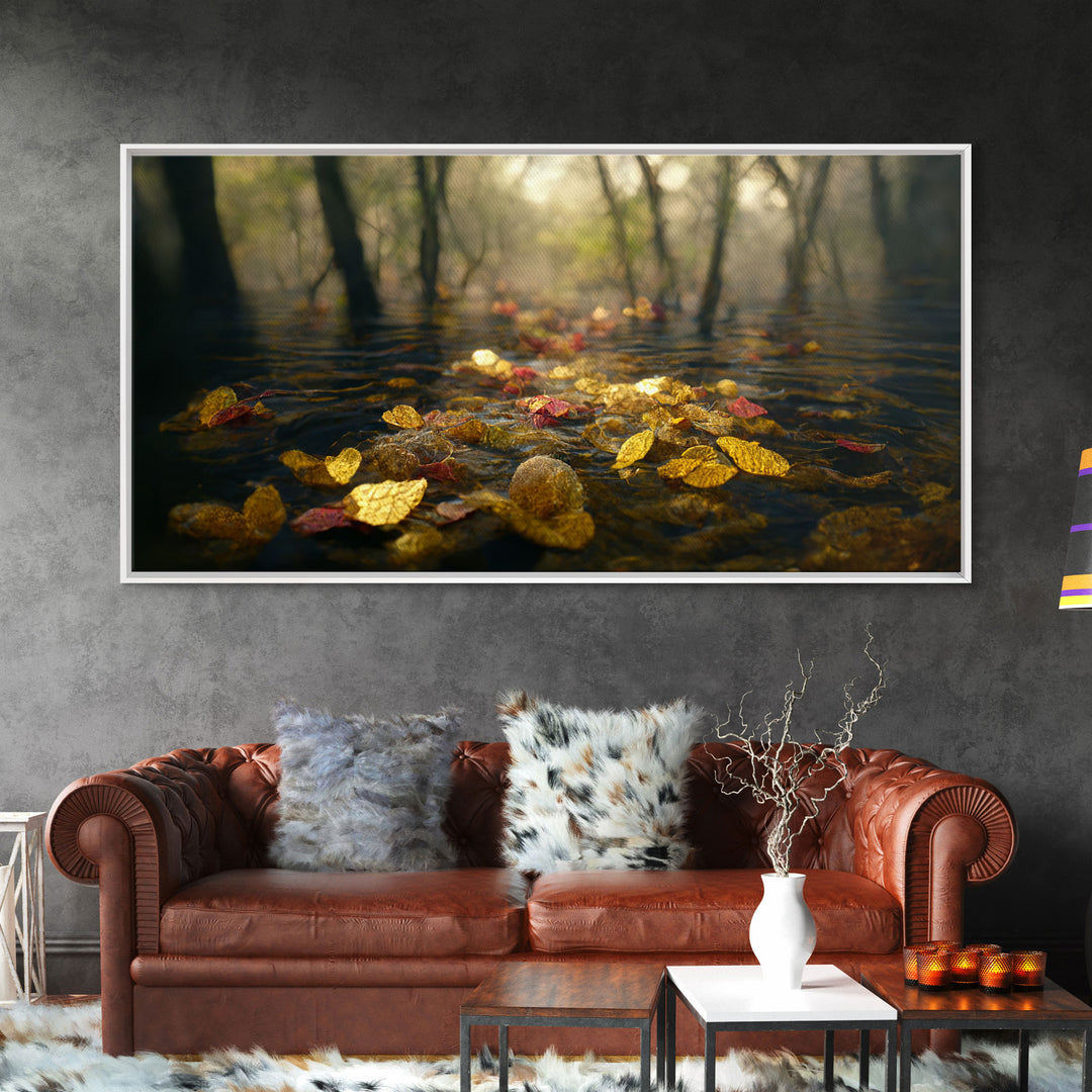 Fall leaves floating down the river, autumn, landscape and nature canvas print, oil painting style, neutral wall art