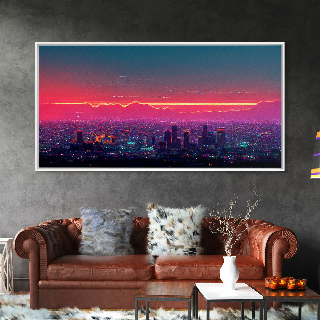 Los Angeles Wall Art, California at sunset canvas print, outrun style, vapor wave, synth wave sunset, ready to hang wall art