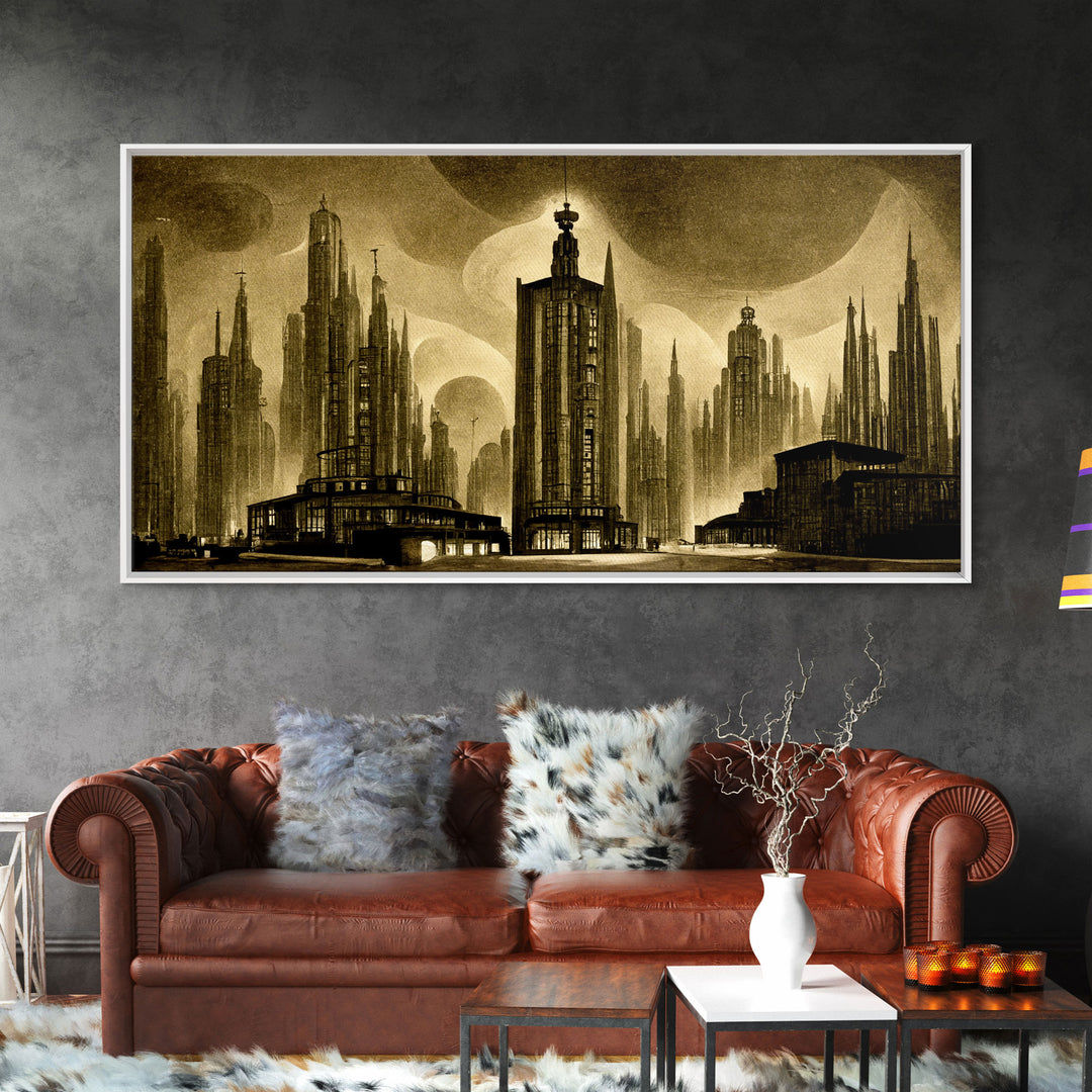 Dystopian Metropolis Art Deco Canvas Print, City Skyline, Fantasy Art, Art Deco Living Room Art, ready to hang wall art