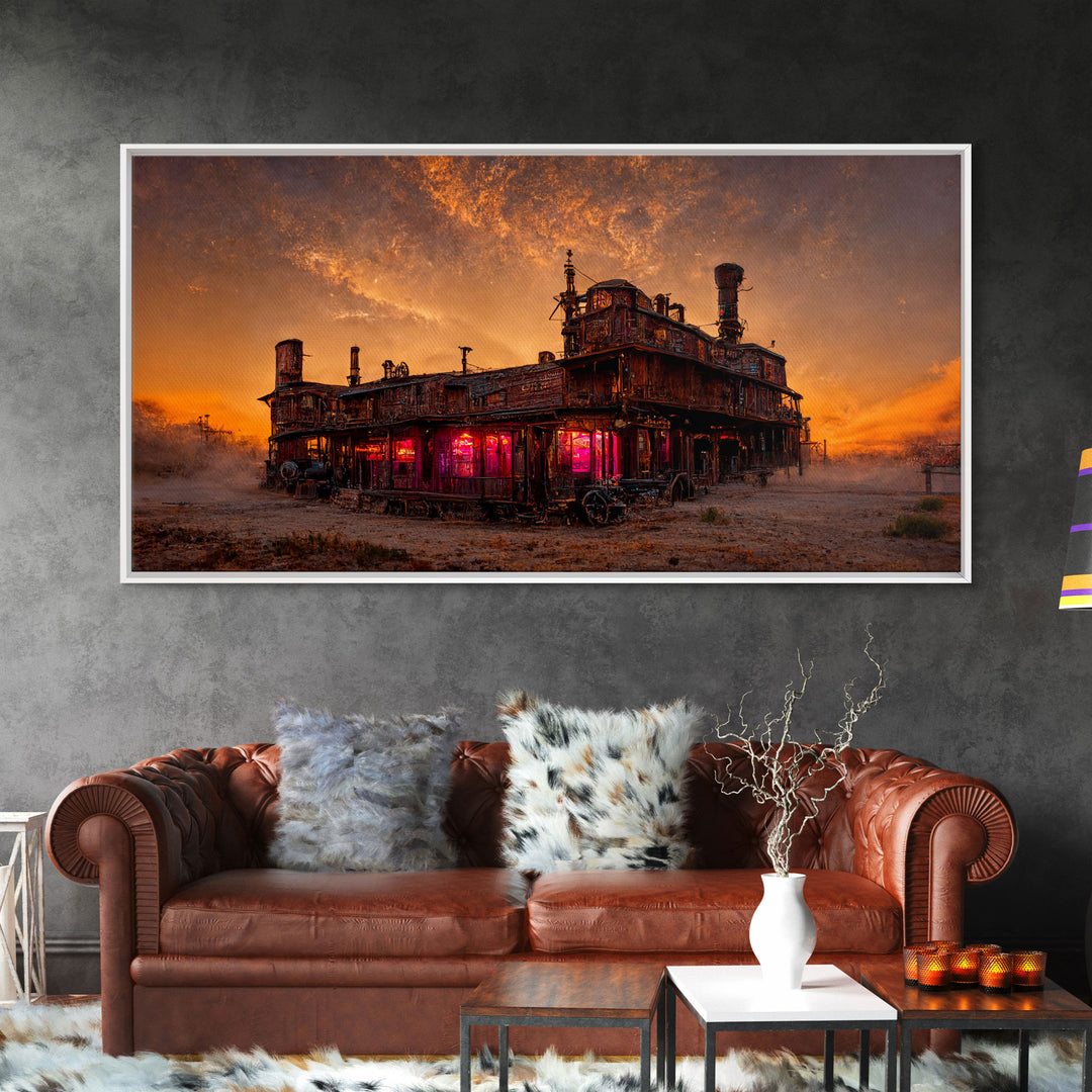 Dystopian steampunk wild west mashup, abandoned wild west saloon art, canvas print, ready to hang wall art