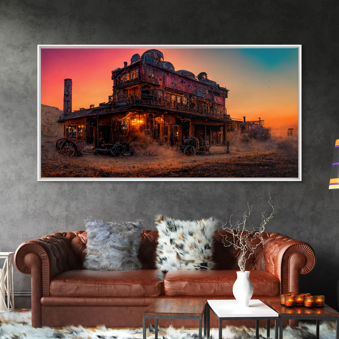 Synthwave Retro Wll Art, Dystopian steampunk wild west mashup, abandoned wild west saloon art, canvas print, ready to hang wall art