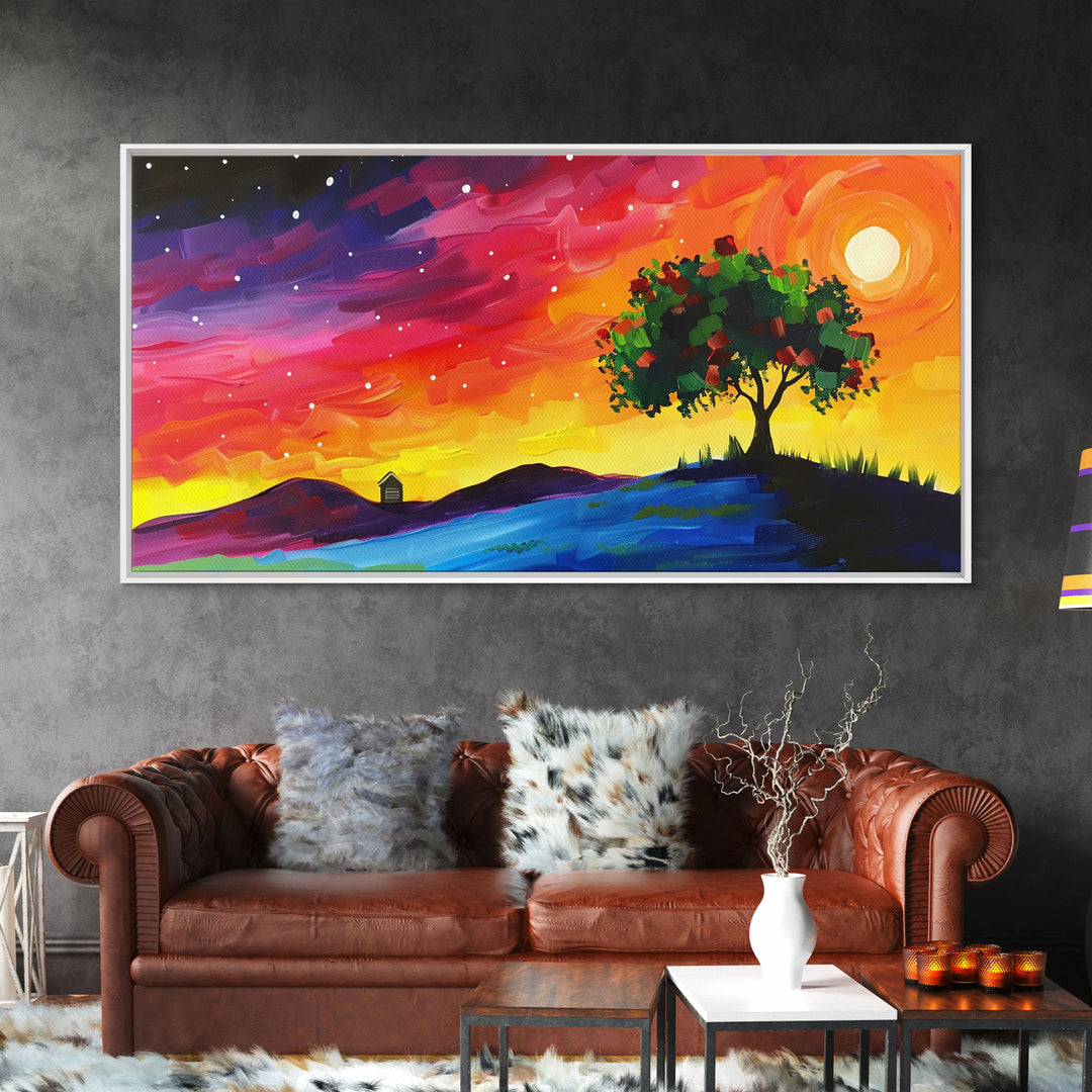 Vibrant Tree Under Starry Sky, Framed Canvas Print, Perfect for Living Room Art, Modern Home Decor, Colorful Bedroom Wall Art