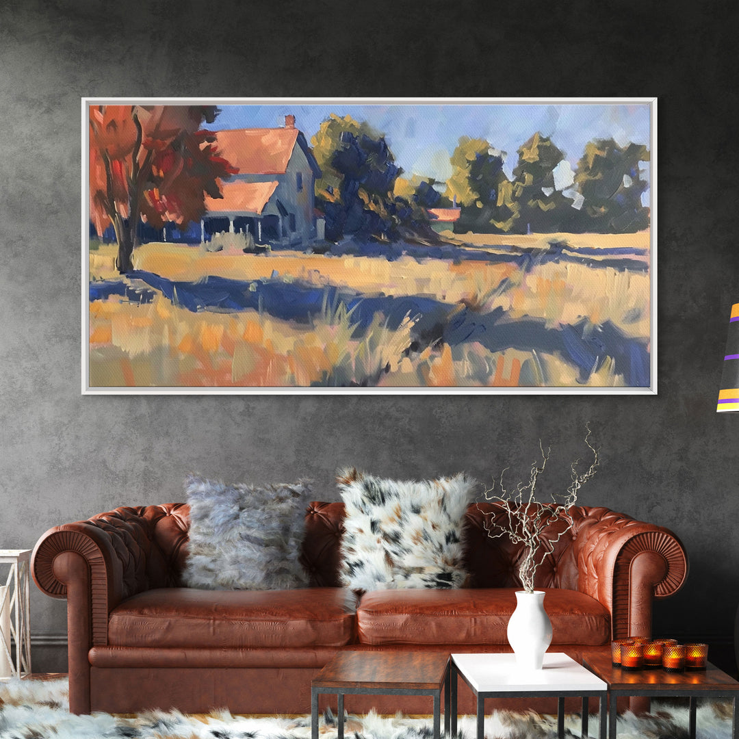 Tranquil Farmhouse with Red Roof, Framed Canvas Print, Great for Living Room Art, Pastoral Home Decor, Peaceful Bedroom Wall Art