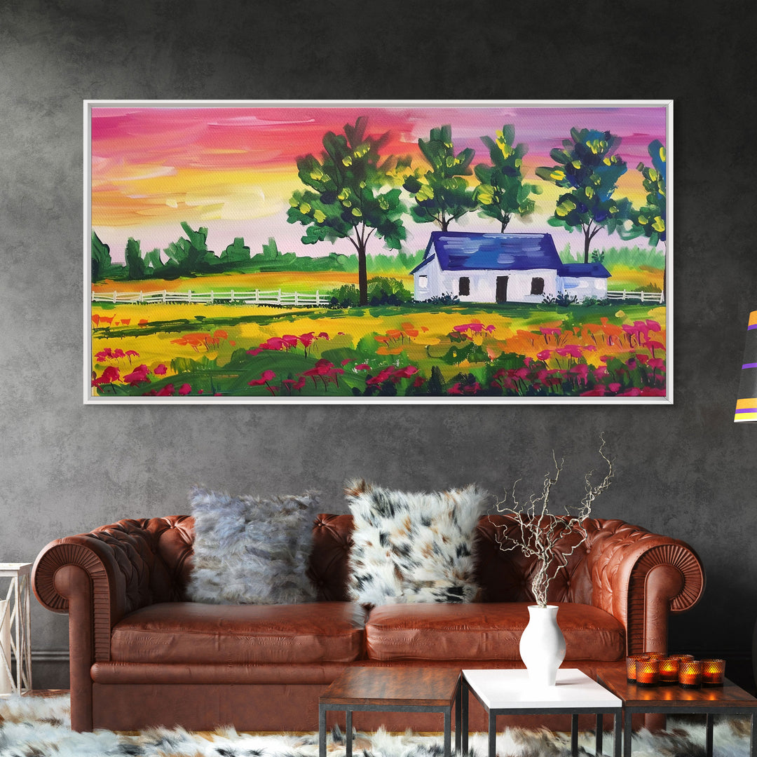 Vibrant Farmhouse Scene with Trees and Flowers, Perfect Living Room Art, Framed Canvas Print, Rustic Home Decoration, Minimalist Decor