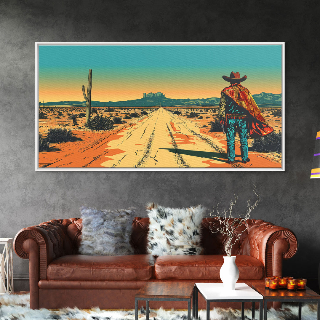 Western Cowboy in Desert Landscape, Rustic Wall Art, Framed Canvas Print, Boho Bedroom Decor, Vintage Home Decoration